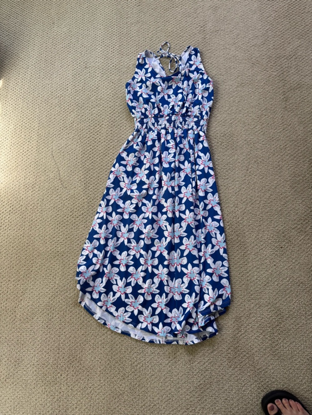 Navy Floral Midi Halter Dress with Smocked Waist